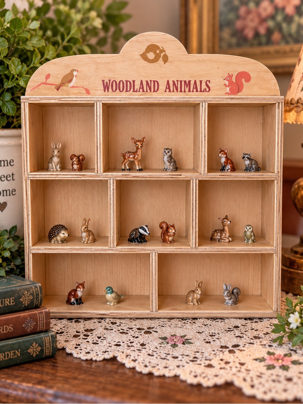 Tender Leaf Woodland Animals Wooden Cubby Display Shelf Miniatures 10.5"